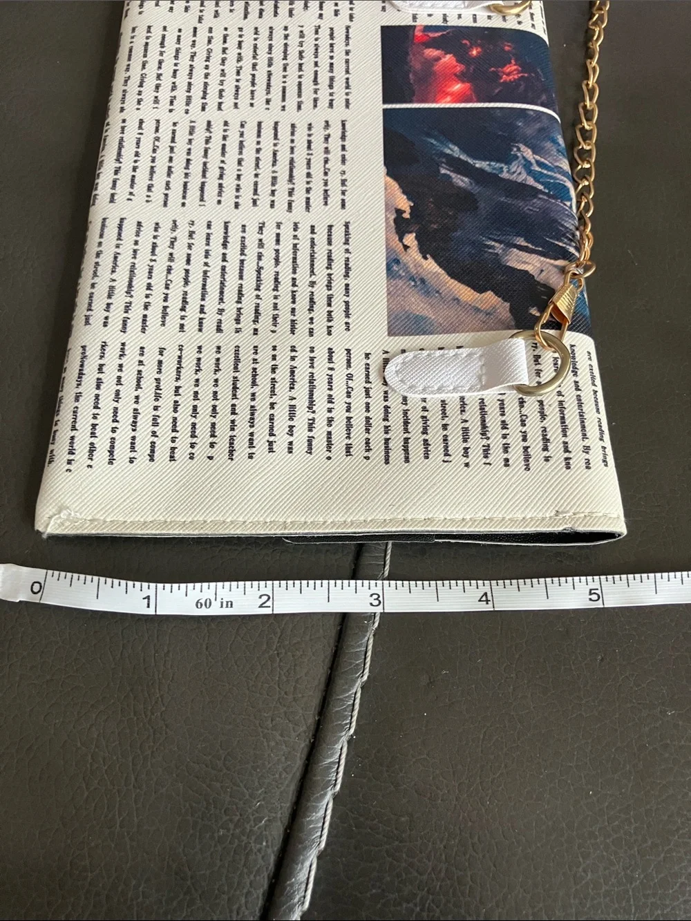 Newspaper Print White Clutch with Gold Chain Strap